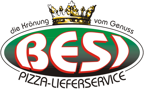 Das Logo des Pizza-service Besi: Ovale Fläche mit der Aufschrift „Besi“ und darüber eine Krone und der Schriftzug „Die Krönung vom Genuss.